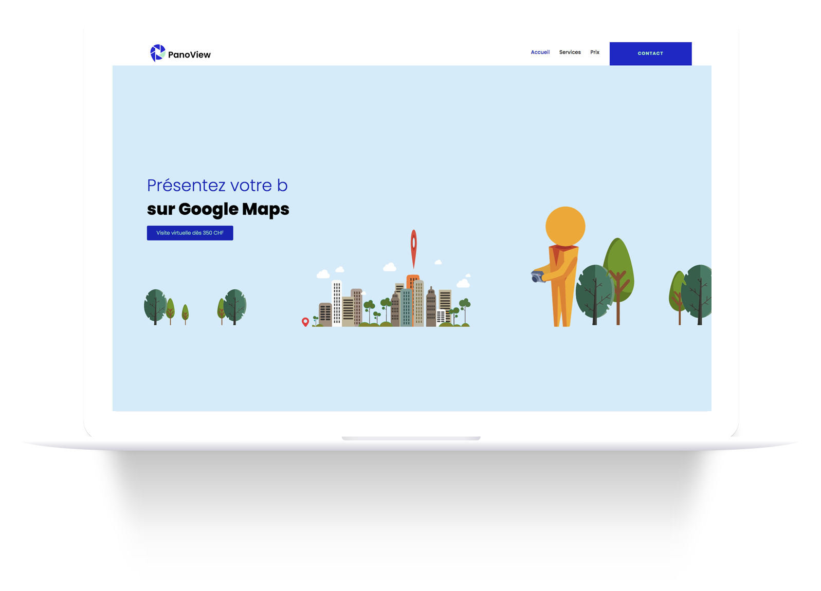 Panoview — page d'accueil du site sur ordinateur