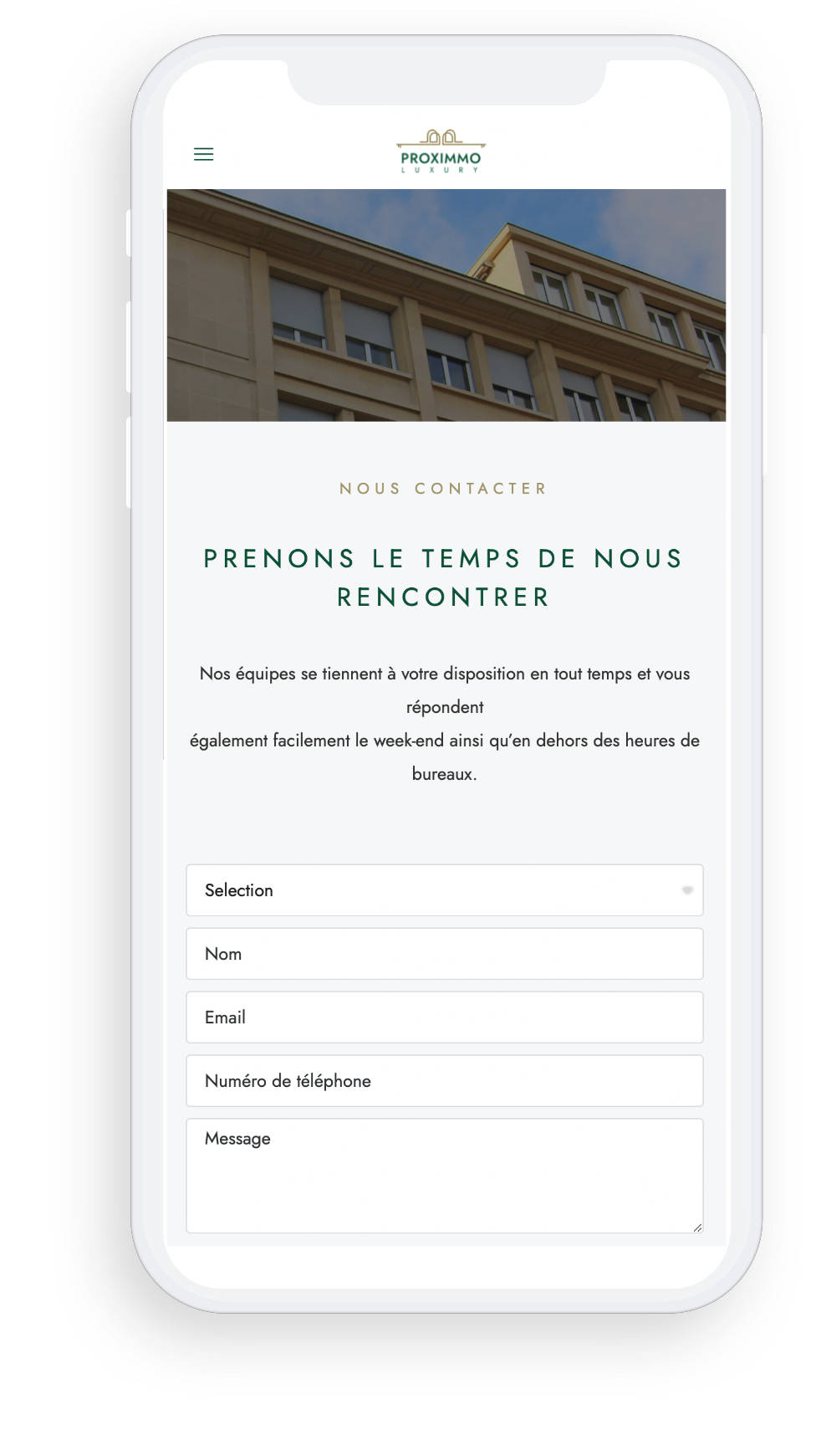 Proximmo Luxury — page contact sur mobile